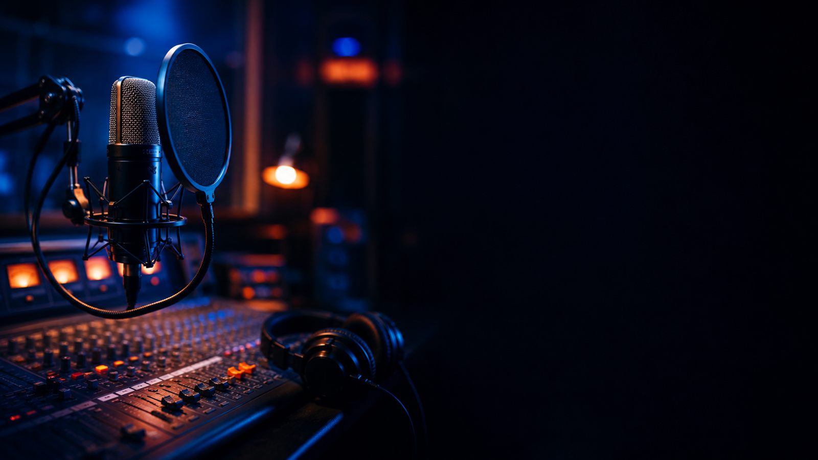 Estúdio de rádio com microfone, mesa de som e fones, no ar ao vivo