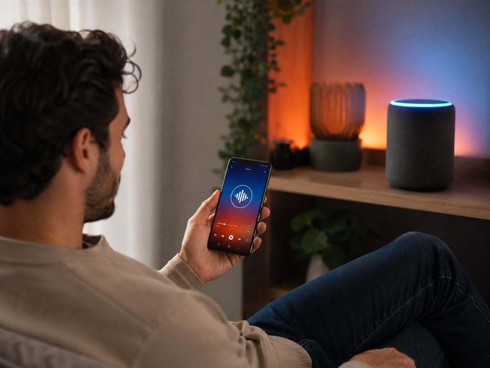 Público ouvindo no celular e na Alexa